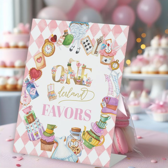 Alice in Wonderland 1st birthday Pink Favors Pedestal Sign (Creator Uploaded)