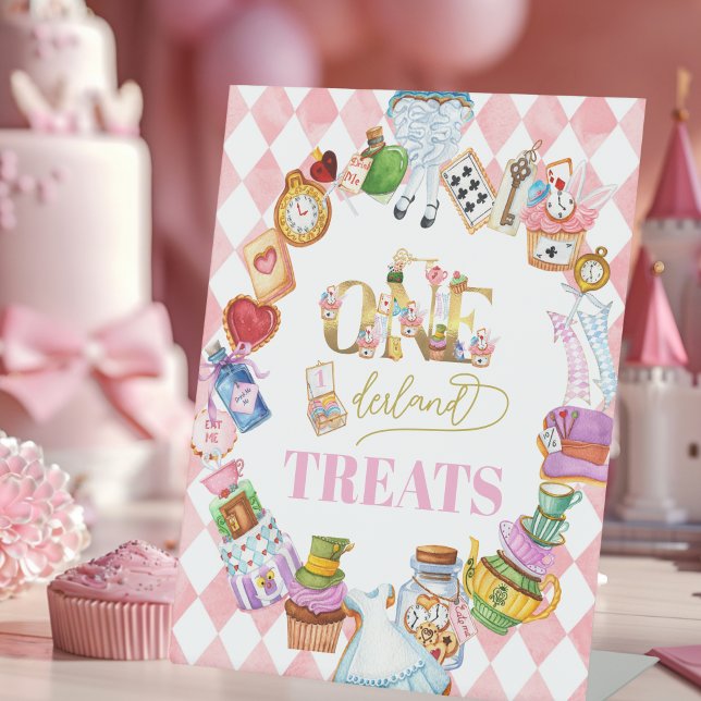 Alice in Wonderland 1st birthday Pink Favors Pedestal Sign (Creator Uploaded)