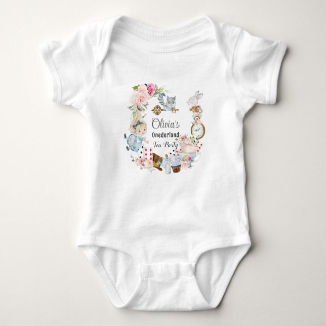 Alice in Wonderland 1st Birthday Tea Party Baby Bodysuit (Front)