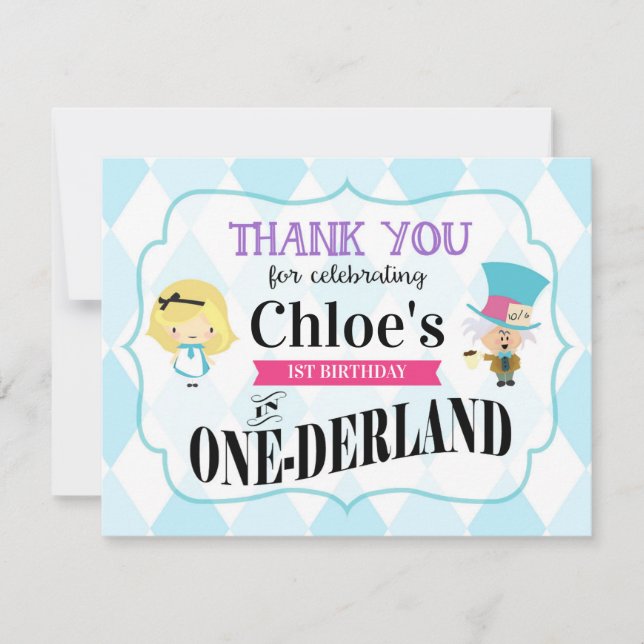 Alice in Wonderland 1st Birthday Thank You Card (Front)