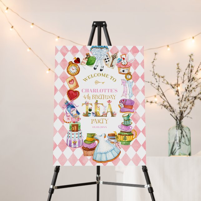 Alice in Wonderland 4th birthday Pink Welcome Foam Board (In Situ (Stand))
