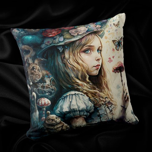 Alice in Wonderland and the Magic Mushrooms Throw Pillow