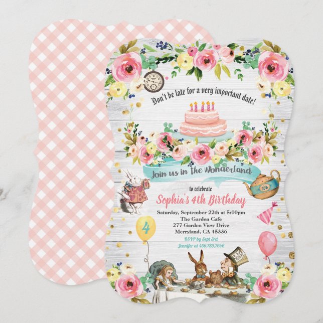Alice in Wonderland baby birthday invitation (Front/Back)