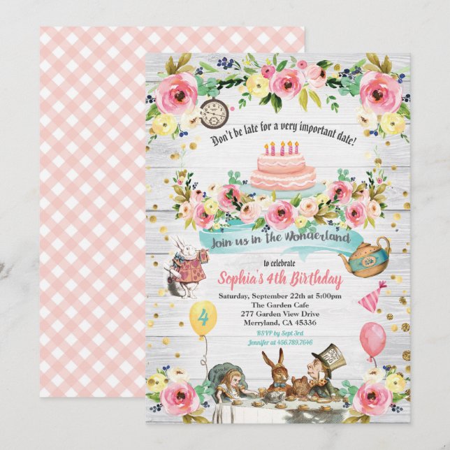 Alice in Wonderland baby birthday invitation gold (Front/Back)