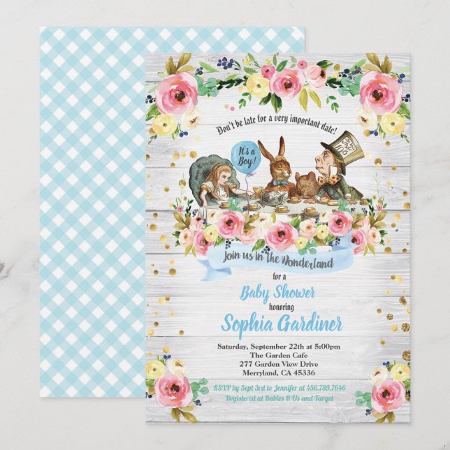 Alice in Wonderland baby boy shower invitation (Front/Back)