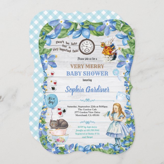 Alice in Wonderland baby BOY shower invitation (Front/Back)