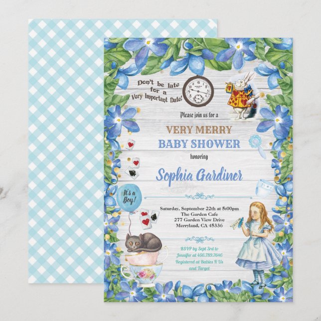 Alice in Wonderland baby BOY shower invitation (Front/Back)