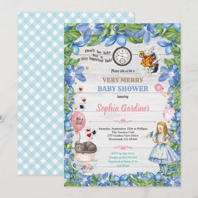 Alice in Wonderland baby girl shower invitation (Front/Back)