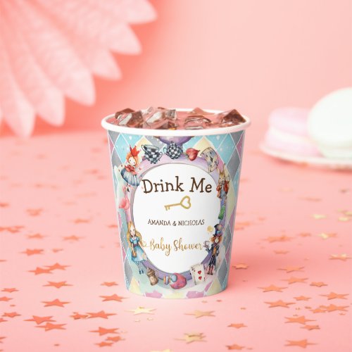 Alice in wonderland baby shower drink me paper cups