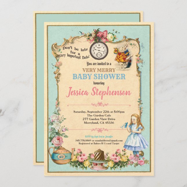 Alice in Wonderland baby shower invitaion teal Invitation (Front/Back)