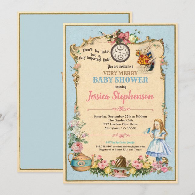 Alice in Wonderland baby shower invitation blue (Front/Back)