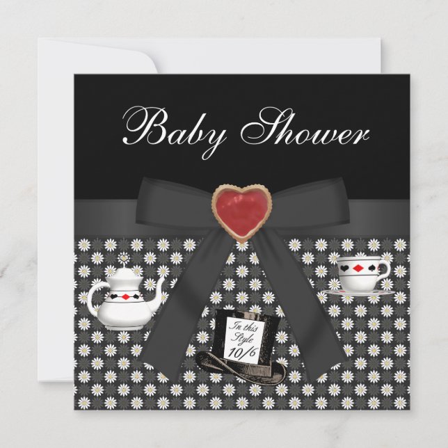 Alice in Wonderland Baby Shower Tea Party Black Invitation (Front)