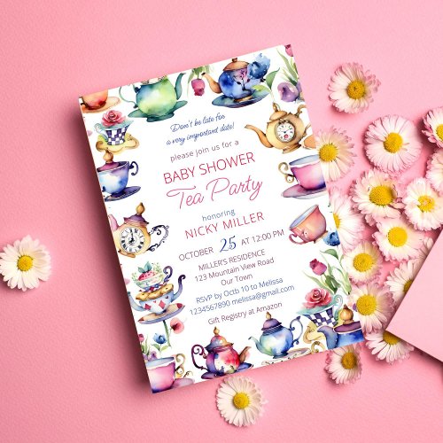 Alice in wonderland baby shower tea party invitation
