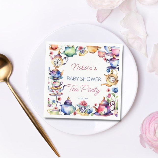 Alice in wonderland baby shower tea party tablewar napkins (Alice in wonderland baby shower tea party tableware personalized napkins whimsical tea cups tea pot )