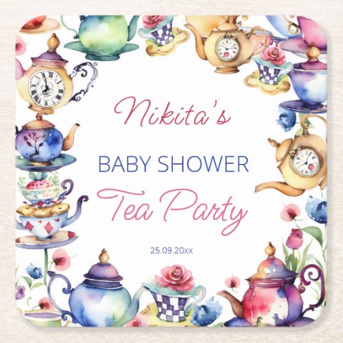 Alice in wonderland baby shower tea party tablewar square paper coaster