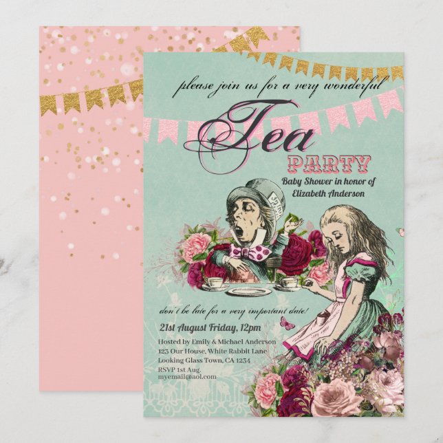 Alice In Wonderland BabyShower MadHatter Tea Party Invitation (Front/Back)