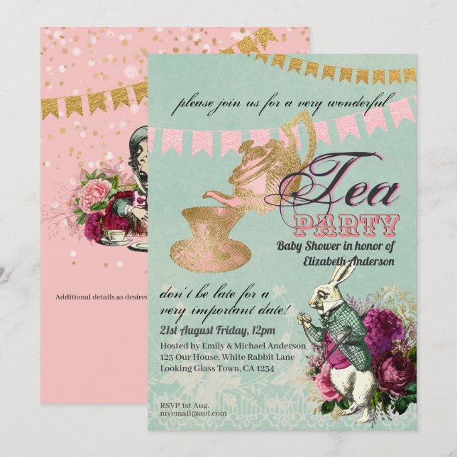 Alice In Wonderland BabyShower MadHatter Tea Party Invitation (Front/Back)