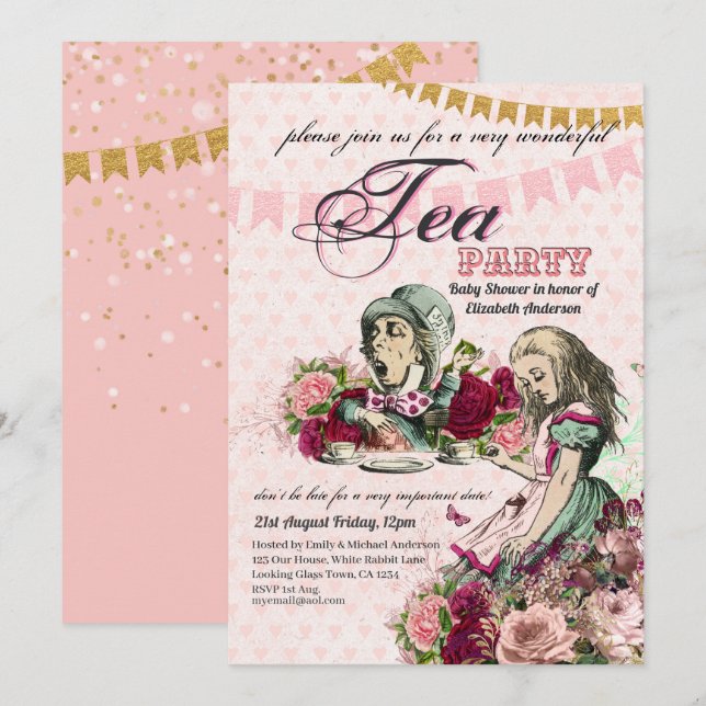 Alice In Wonderland BabyShower MadHatter Tea Party Invitation (Front/Back)