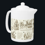 Alice in Wonderland Beige Brown Toile Quotes Teapot<br><div class="desc">Literary classic, Alice's Adventures in Wonderland by Lewis Carroll illustrated by John Tenniel, wood engraved, with quotes in neutral monochrome toile style for the lovers of the book, fantasy literature, Victorian era. The scenes show Alice, Mad Hatter, White Rabbit, the tea party, Caterpillar, The Cheshire Cat, the Griffon, the flamingo,...</div>