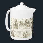 Alice in Wonderland Beige Brown Toile Quotes Teapot<br><div class="desc">Literary classic, Alice's Adventures in Wonderland by Lewis Carroll illustrated by John Tenniel, wood engraved, with quotes in neutral monochrome toile style for the lovers of the book, fantasy literature, Victorian era. The scenes show Alice, Mad Hatter, White Rabbit, the tea party, Caterpillar, The Cheshire Cat, the Griffon, the flamingo,...</div>