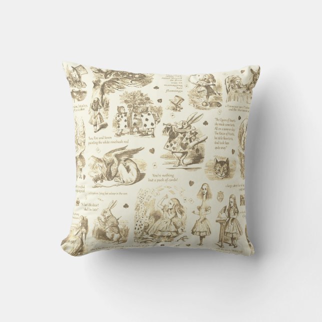 Alice in Wonderland Beige Toile Quotes Throw Pillow (Front)