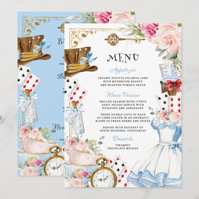 Alice in Wonderland Birthday Baby Shower Menu (Front/Back)