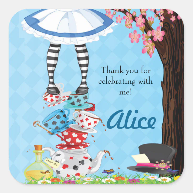 ALICE IN WONDERLAND CUSTOM BIRTHDAY ROUND PARTY STICKERS FAVORS ~ VARIOUS SIZES 