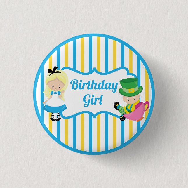 Alice in Wonderland Birthday Girl Blue Yellow Button (Front)