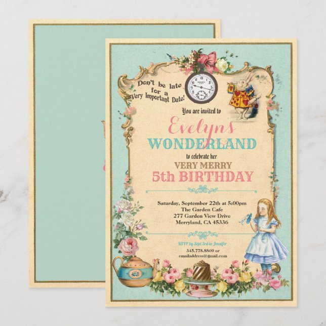 Alice in Wonderland birthday invitaion turquoise Invitation (Front/Back)
