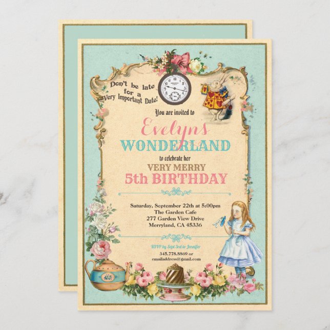 Alice in Wonderland birthday invitaion turquoise Invitation (Front/Back)