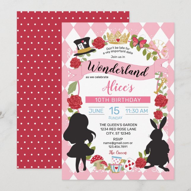 Alice In Wonderland Birthday Invitation (Pink/Red) (Front/Back)