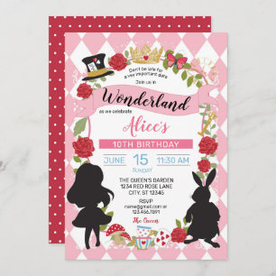 Alice In Wonderland Birthday Invitation (Pink/Red)