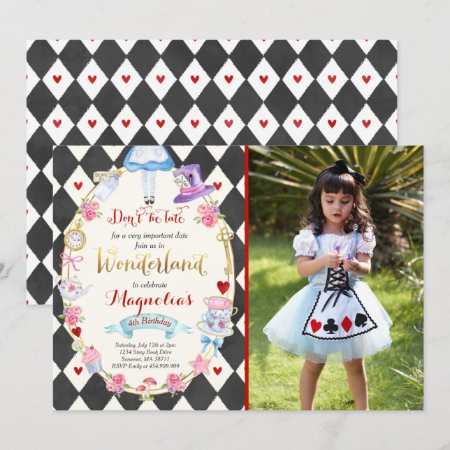 Alice In Wonderland Birthday Invitation Tea Party (Front/Back)