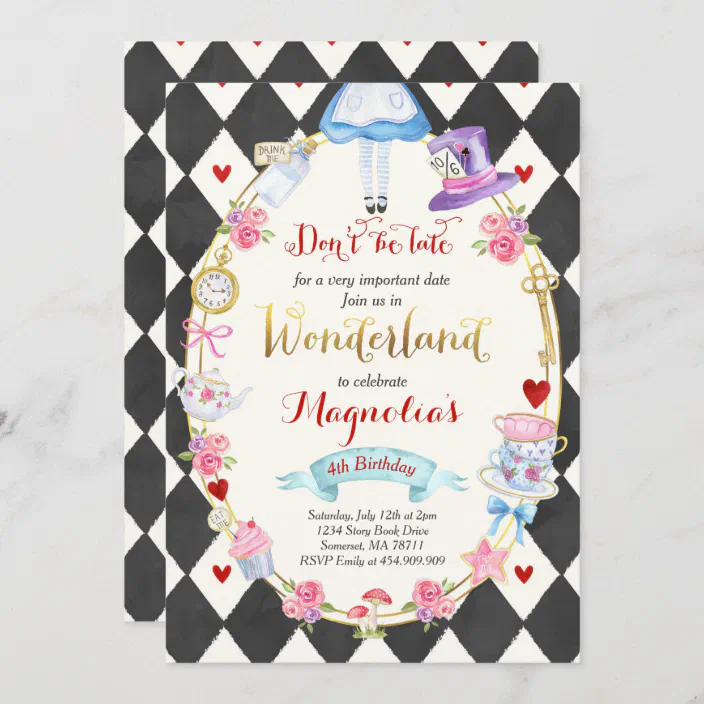 Personalised Pretty Alice in Wonderland Birthday Party Invites inc envelopes C