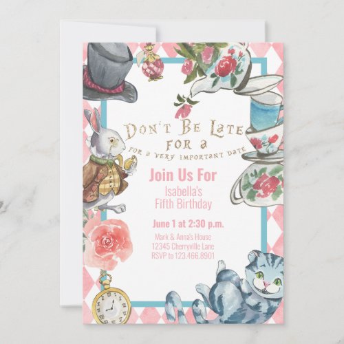 Alice in Wonderland Birthday Invitation Watercolor