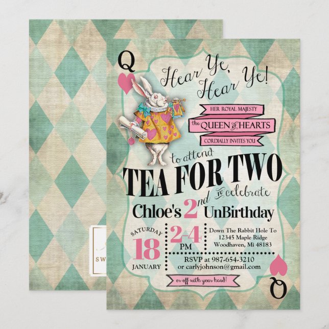 Alice in Wonderland Birthday Invitations (Front/Back)