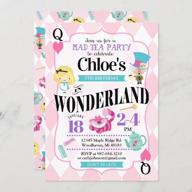 Alice in Wonderland Birthday Invitations (Front/Back)