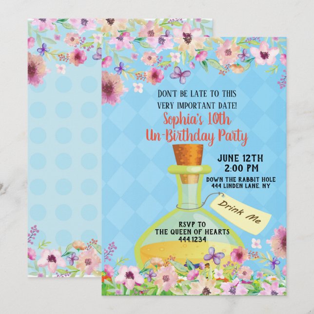 Alice in Wonderland Birthday Party Invitation (Front/Back)