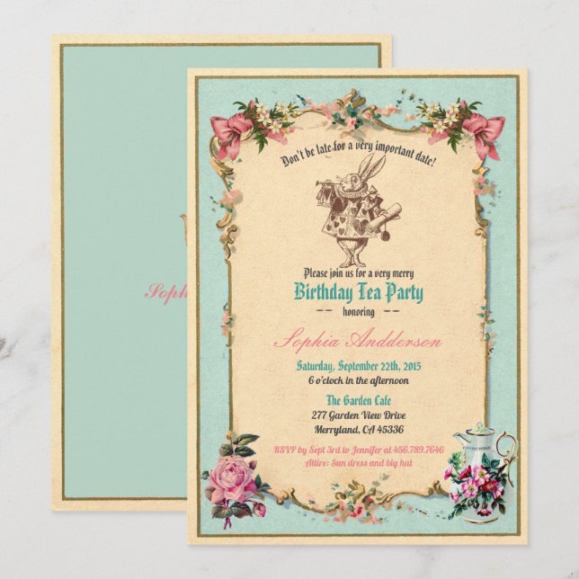 Alice in Wonderland birthday party invitation teal (Front/Back)