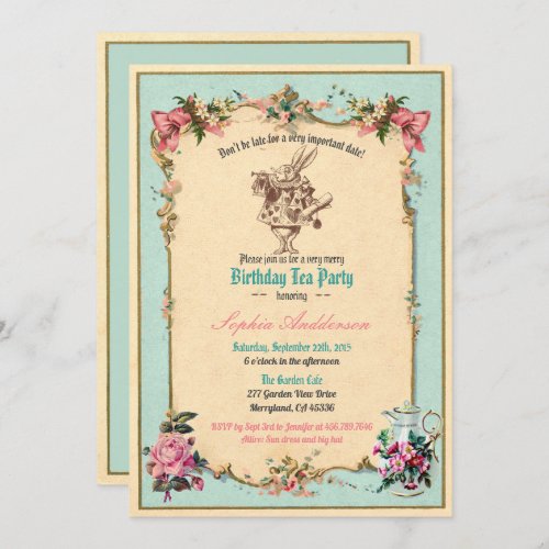 Alice in Wonderland birthday party invitation teal