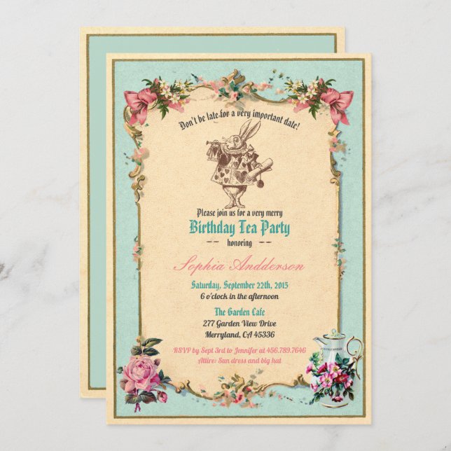 Alice in Wonderland birthday party invitation teal (Front/Back)
