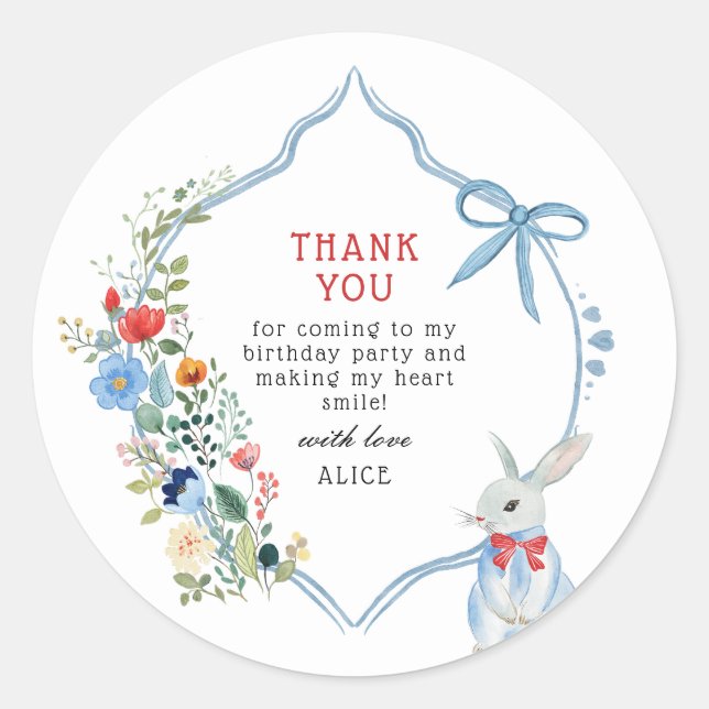 Alice in Wonderland Birthday Party Thank You Favor Classic Round Sticker (Front)