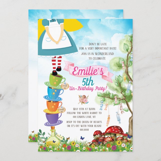 Alice in Wonderland Birthday Party Watercolor Invitation (Front/Back)