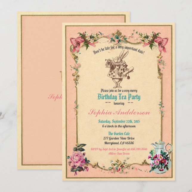 Alice in Wonderland birthday tea party invitation (Front/Back)