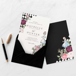 Alice In Wonderland Black Checkerboard Wedding Invitation