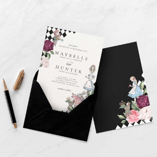 Alice In Wonderland Black Checkerboard Wedding Invitation