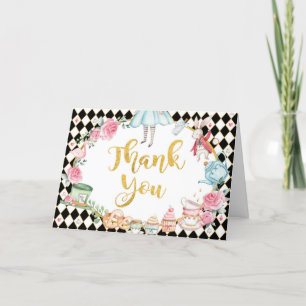 Alice in Wonderland Black Gold Birthday Tea Party Letterpress Thank You Card