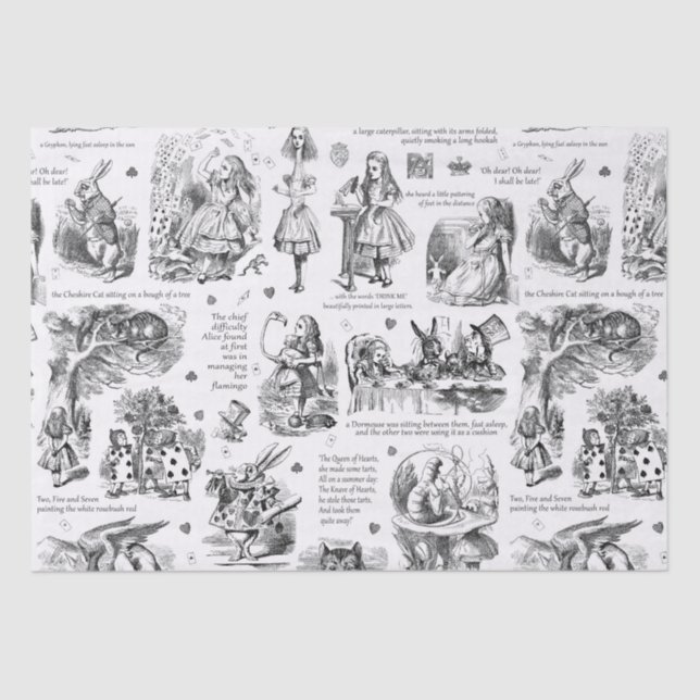 Alice in Wonderland Black White Toile Quotes Tissue Paper (Front)