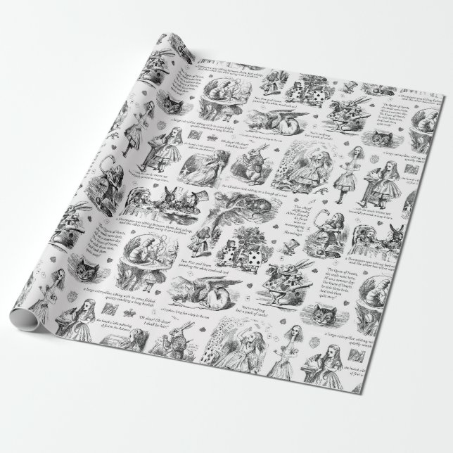 Alice in Wonderland Black White Toile Quotes Wrapping Paper (Unrolled)
