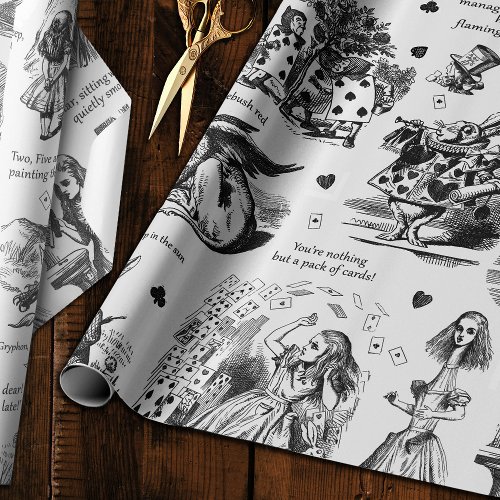 Alice in Wonderland Black White Toile Quotes Wrapping Paper